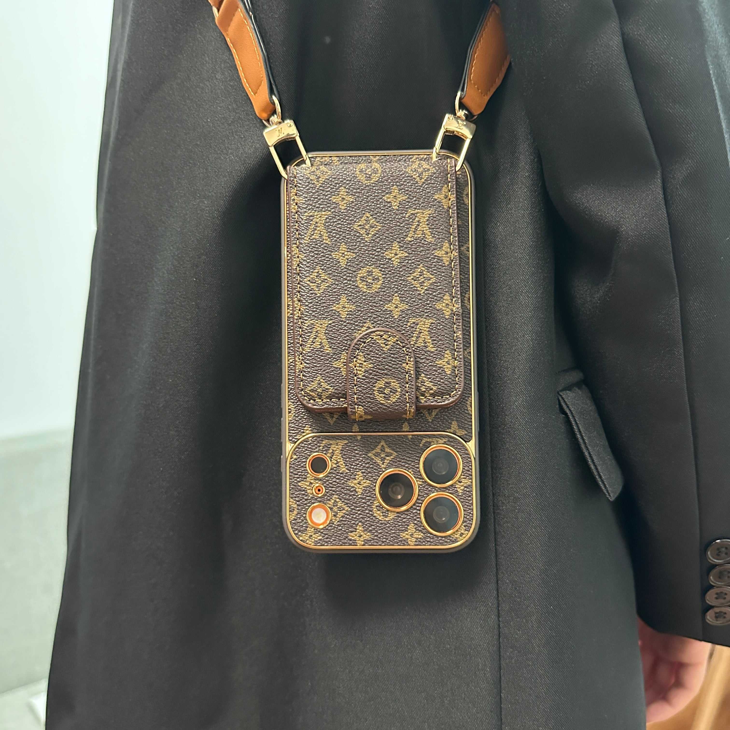 Elegant Leather Monogram iPhone Case With Wallet And Crossbody Strap For iPhone 17 Series-RCLV140