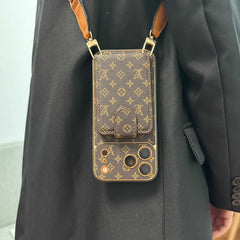 Elegant Leather Monogram iPhone Case With Wallet And Crossbody Strap For iPhone 17 Series-RCLV140