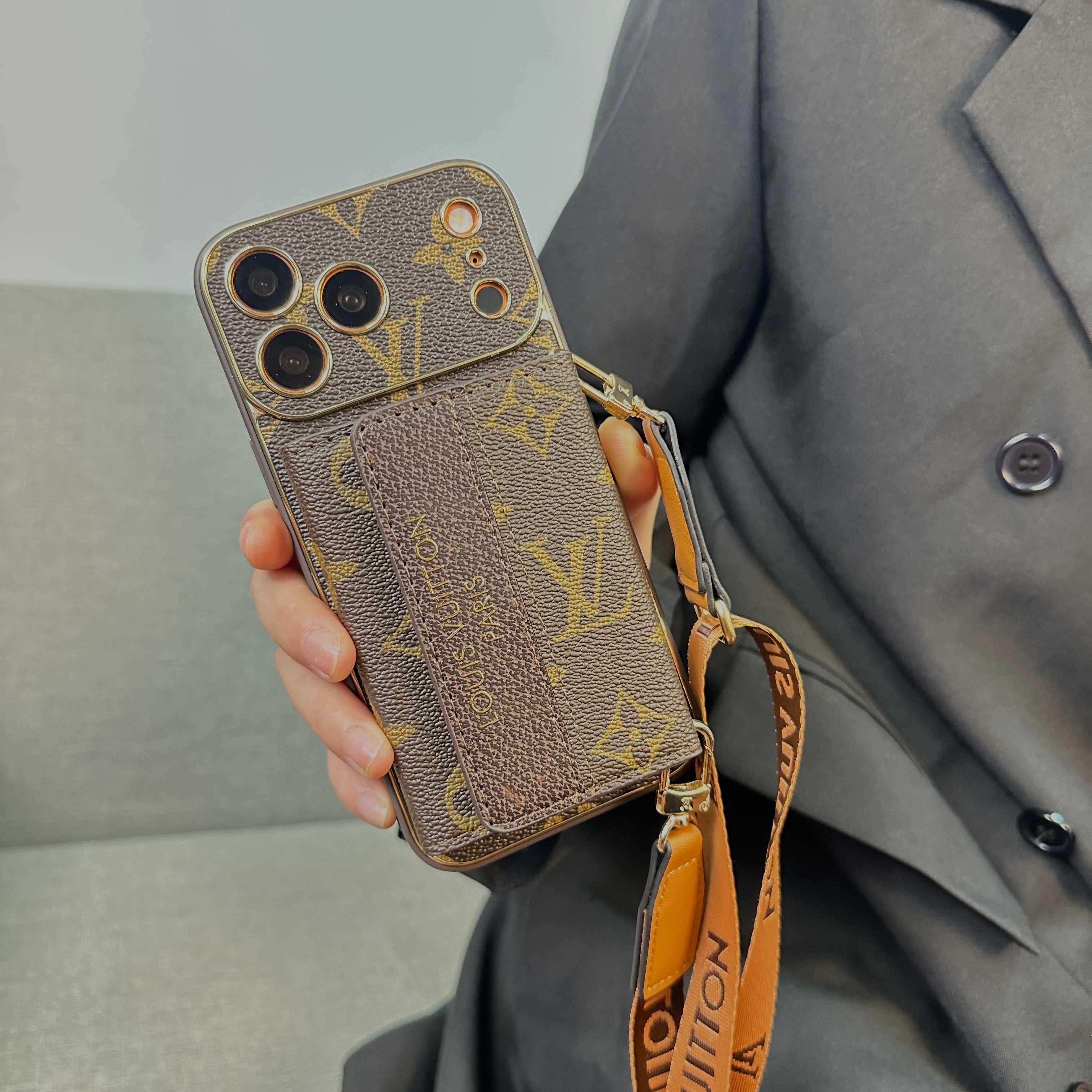 Leather Monogram iPhone Case With Wallet And Crossbody Strap For iPhone 17 Series-RCLV136