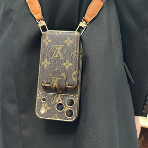 Refined Leather Monogram iPhone Case With Wallet And Crossbody Strap For iPhone 17 Series-RCLV133
