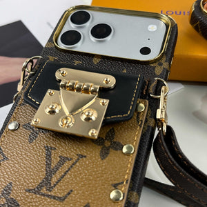 Luxury Leather Monogram iPhone Case With Wallet And Crossbody Strap For iPhone 17 Series Black-RCLV137