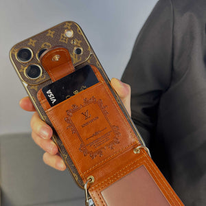 Elegant Leather Monogram iPhone Case With Wallet And Crossbody Strap For iPhone 17 Series-RCLV140