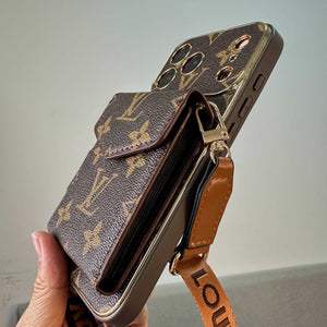 Premium Leather Monogram iPhone Case With Wallet And Crossbody Strap For iPhone 17 Series-RCLV135