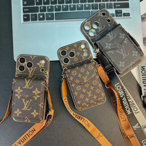 High-quality Leather Monogram iPhone Case With Wallet And Crossbody Strap For iPhone 17 Series-RCLV142
