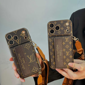 Leather Monogram iPhone Case With Wallet And Crossbody Strap For iPhone 17 Series-RCLV136