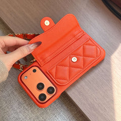 Coque portefeuille en cuir texturé pour iPhone CC avec dragonne orange pour iPhone série 17 - RCCC160