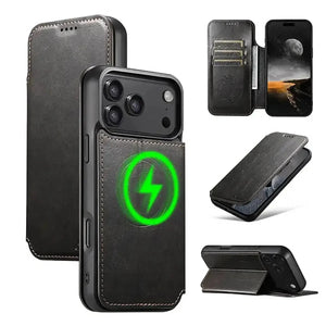 Black leather phone case with integrated card holder. - Runycase