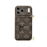 Luxury Leather Monogram iPhone Case With Wallet And Crossbody Strap For iPhone 17 Series-RCLV190