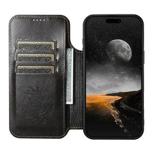 Black leather phone case with integrated card holder. - Runycase