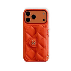 Coque portefeuille en cuir texturé pour iPhone CC avec dragonne orange pour iPhone série 17 - RCCC160