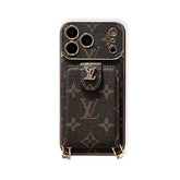Elegant Leather Monogram iPhone Case With Card Holder And Strap For iPhone 17 Series-RCLV170