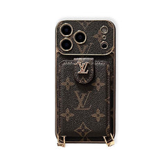 Étui élégant en cuir monogrammé avec porte-cartes et dragonne pour iPhone 17 Series-RCLV170