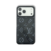 Luxury Leather Monogram iPhone Case With Card Holder Black Printing For iPhone 17 Series-RCLV083 - Runycase