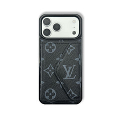 Luxury Leather Monogram iPhone Case With Card Holder Black Printing For iPhone 17 Series-RCLV083 - Runycase