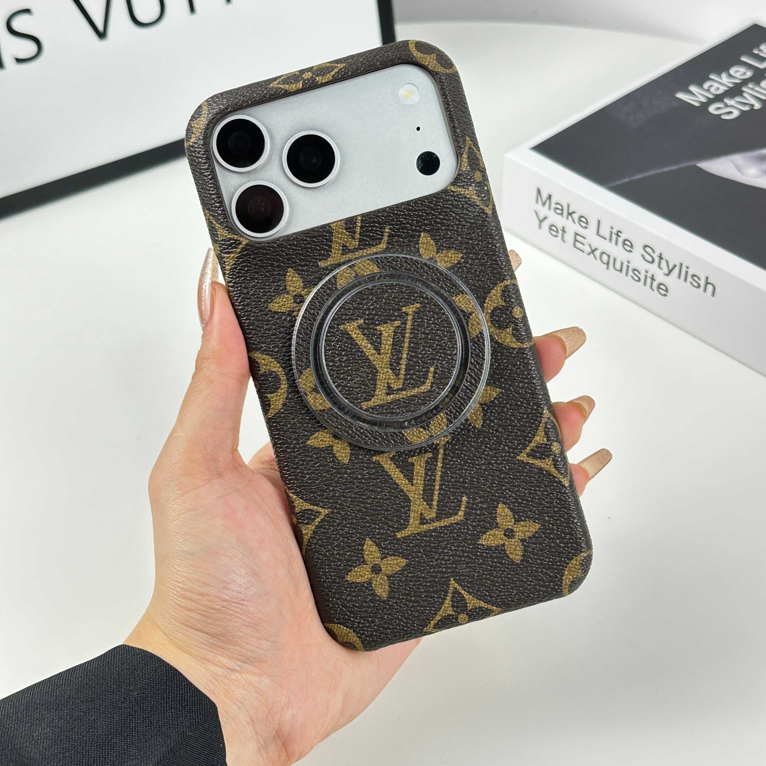 Luxury Leather Monogram iPhone Case With Magnetic Stand Big Printing For iPhone 17 Series-RCLV069 - Runycase
