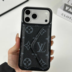 Luxury Leather Monogram iPhone Case With Card Holder Black Printing For iPhone 17 Series-RCLV083 - Runycase