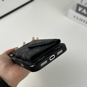 Luxury Leather Monogram iPhone Case With Card Holder Black Printing For iPhone 17 Series-RCLV083 - Runycase