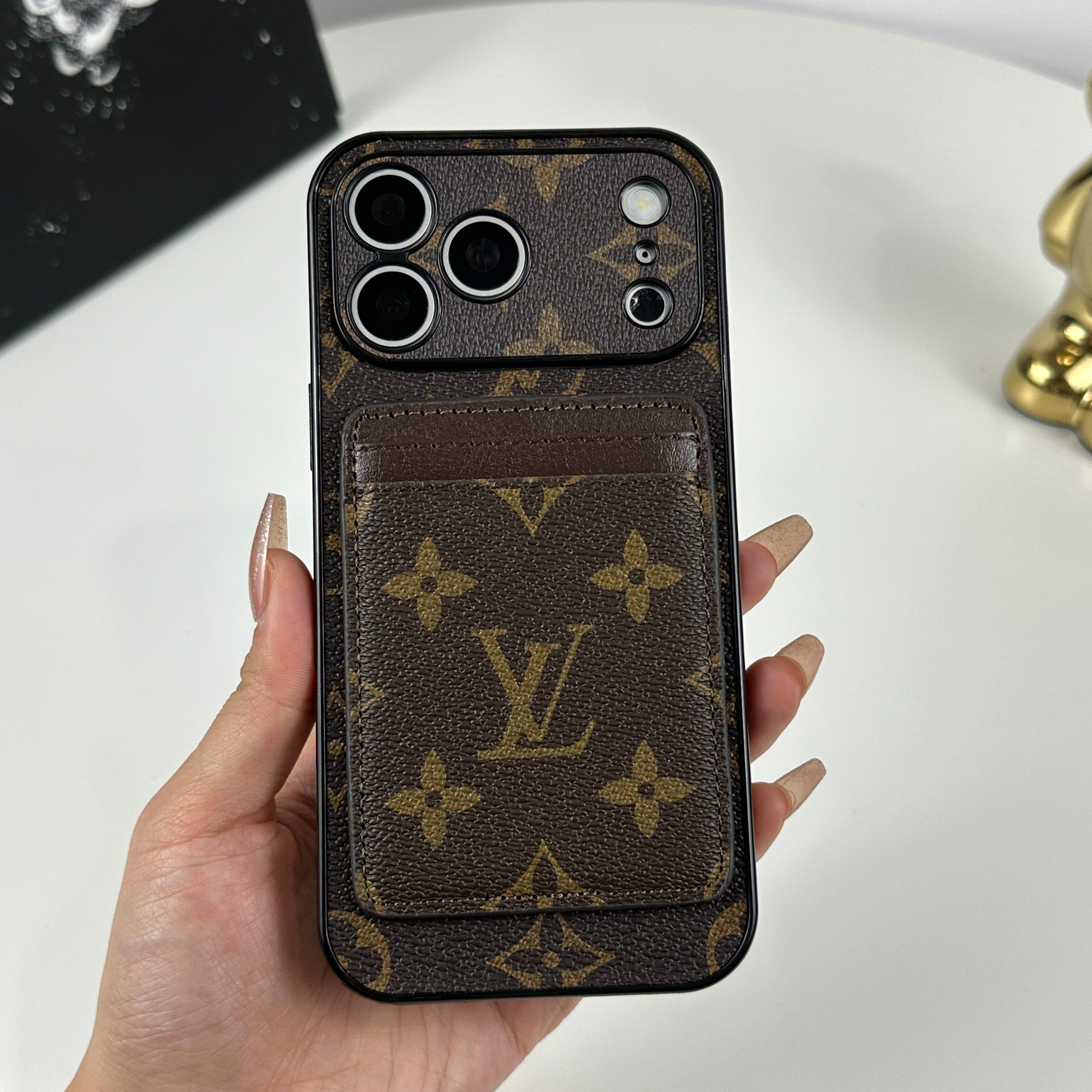 Leather Monogram iPhone Case With Magnetic Card Holder Big Printing For iPhone 17 Series-RCLV085