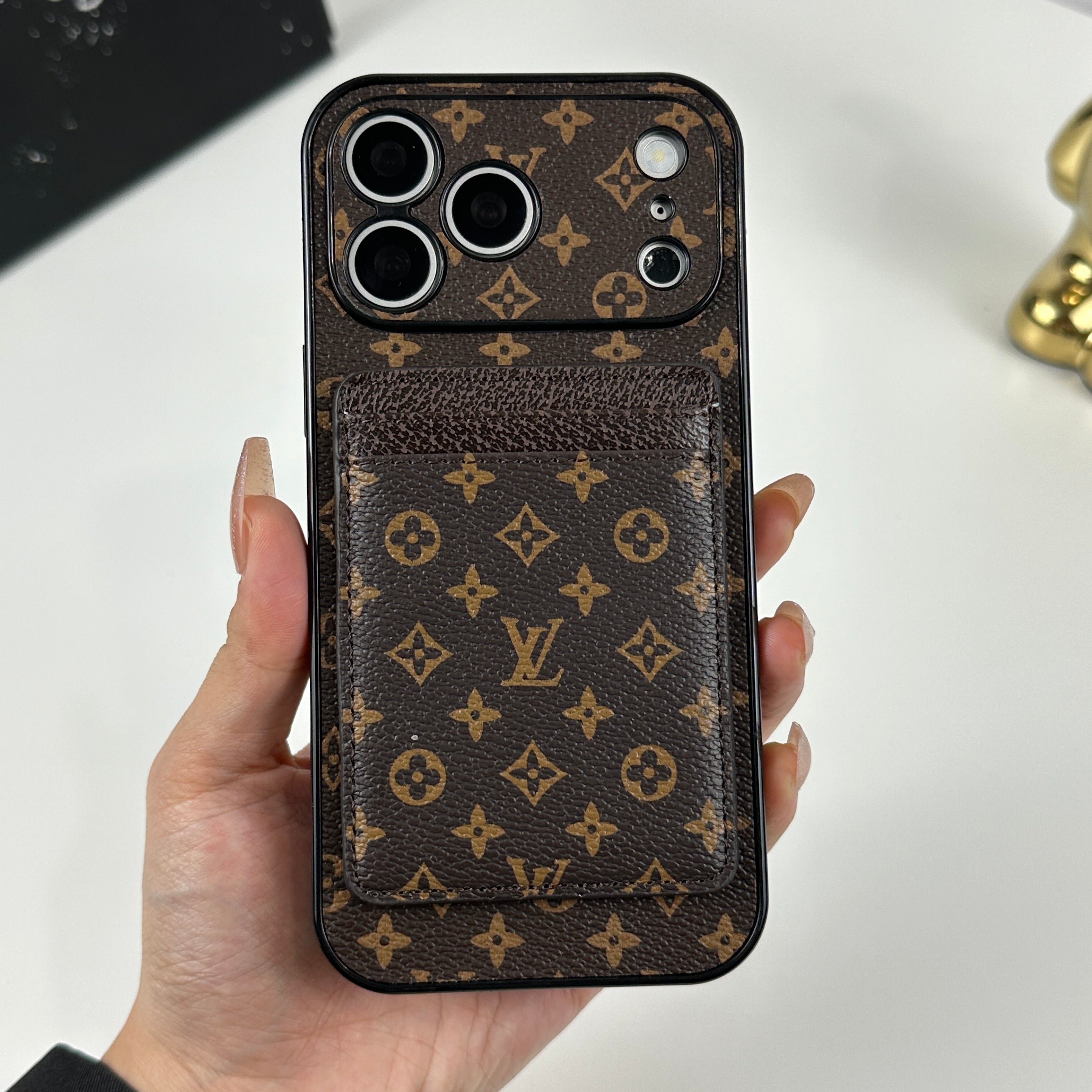 Classic Leather Monogram iPhone Case With Magnetic Card Holder Small Printing For iPhone 17 Series-RCLV086