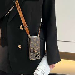 Classic Leather Monogram iPhone Case With Card Wallet And Crossbody Strap For iPhone 17 Series-RCLV183