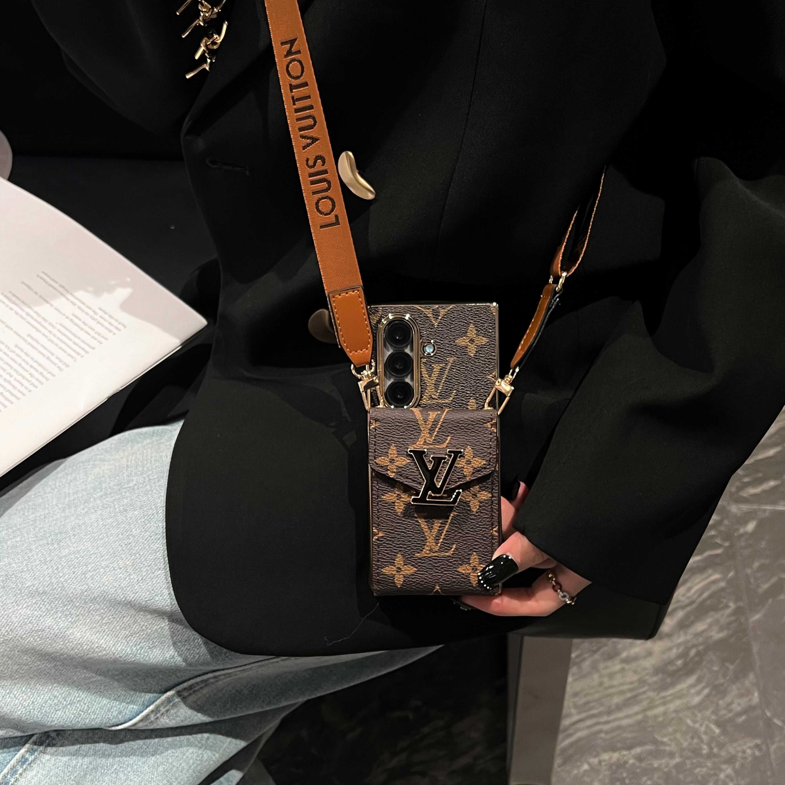 Luxury Monogram Samsung Galaxy Z Fold Series Case With Card Holder And Strap-RCLV093 - Runycase