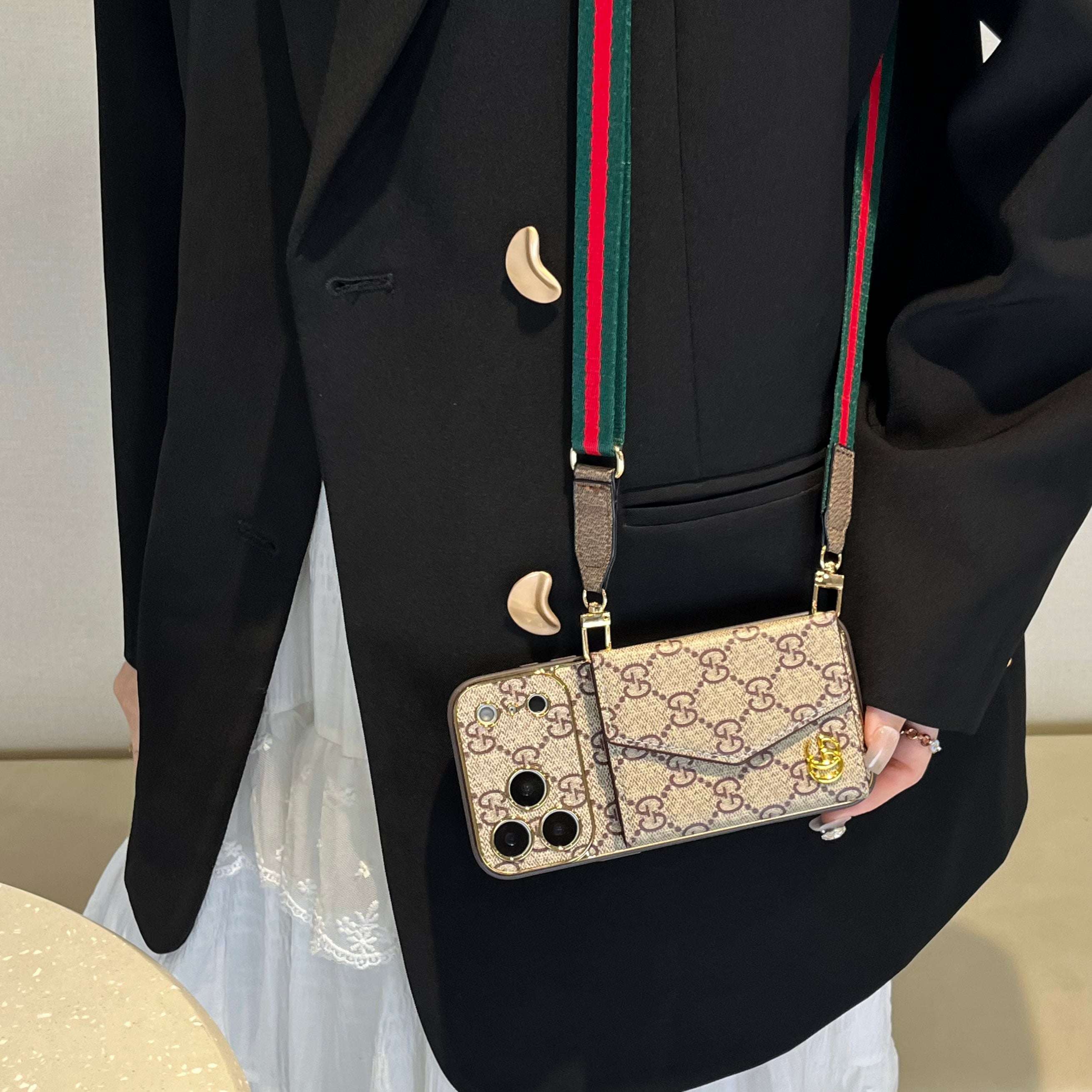Premium GG iPhone Case With Wallet And Crossbody Strap For iPhone 17 Series-RCGG147