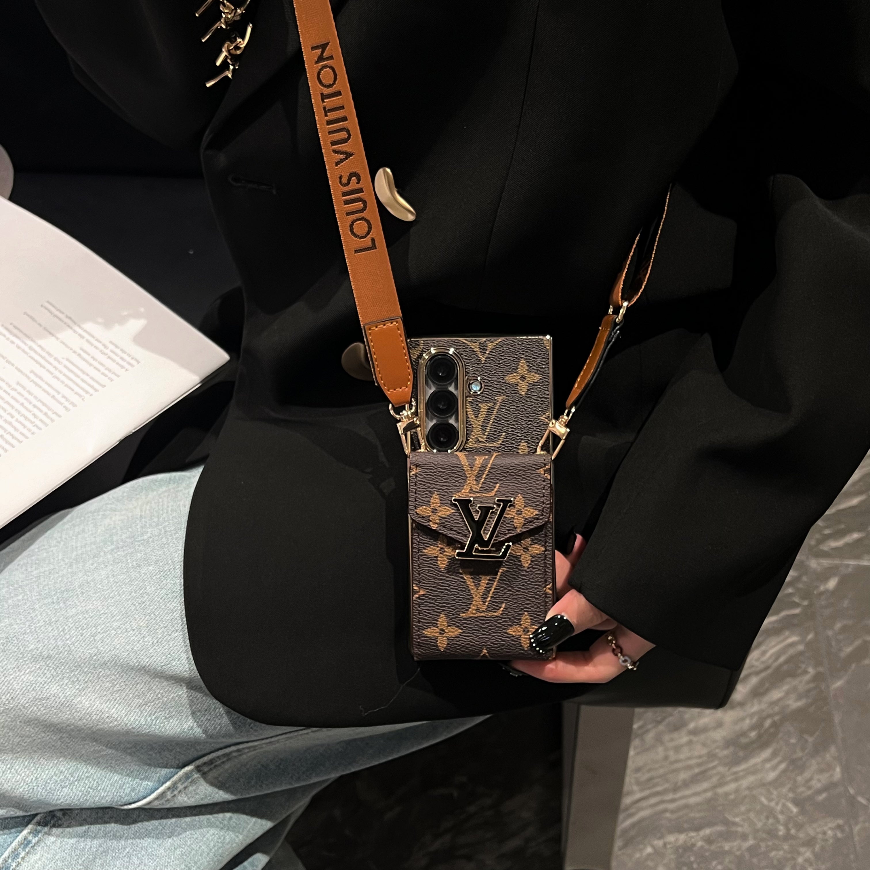 Luxury Monogram Samsung Galaxy Z Fold Series Case With Card Holder And Strap-RCLV093 - Runycase