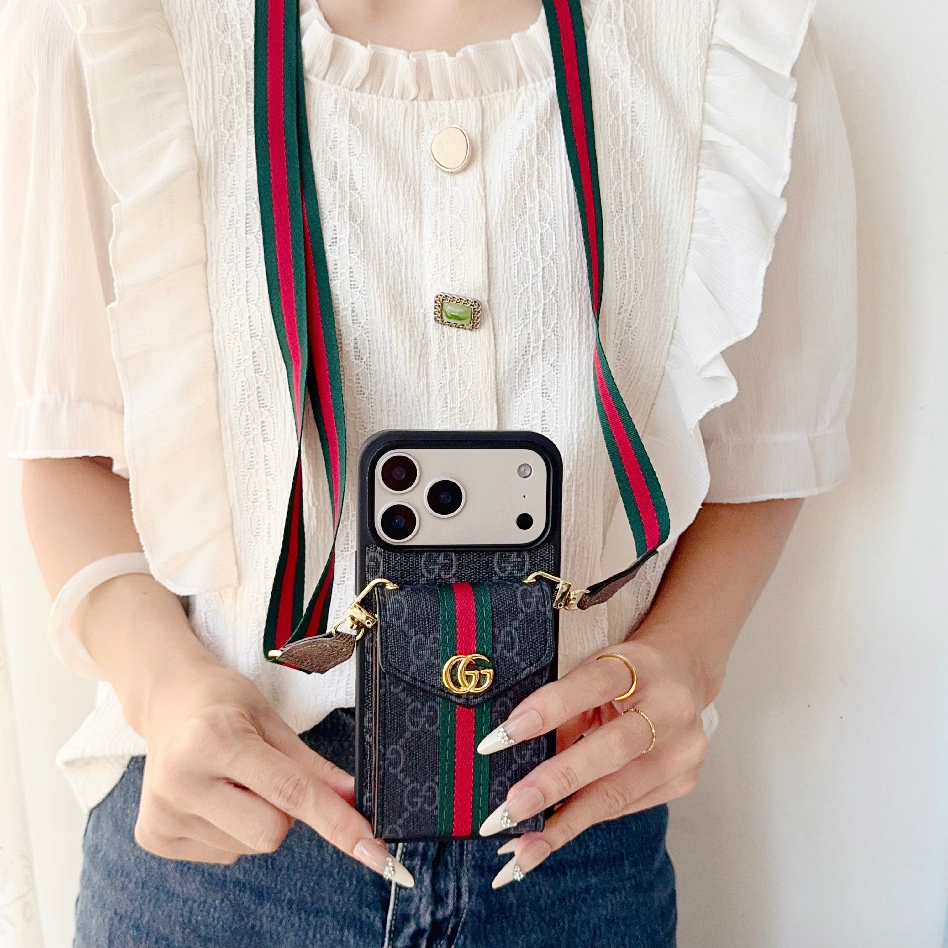 Classic Leather GG iPhone Case With Card Holder And Strap Black-RCGG149