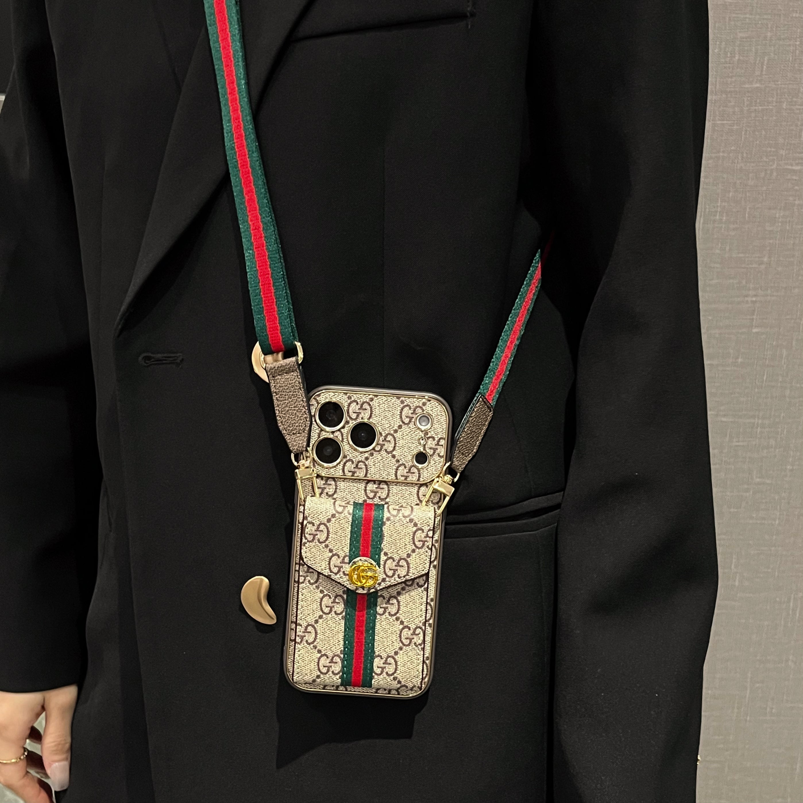 High-quality Leather GG iPhone Case With Card Wallet And Crossbody Strap For iPhone 17 Series-RCGG184