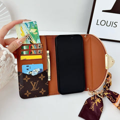 Premium Leather Monogram iPhone Case With Flip Wallet And Crossbody Strap-RCLV222