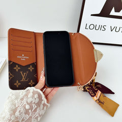 Premium Leather Monogram iPhone Case With Flip Wallet And Crossbody Strap-RCLV222