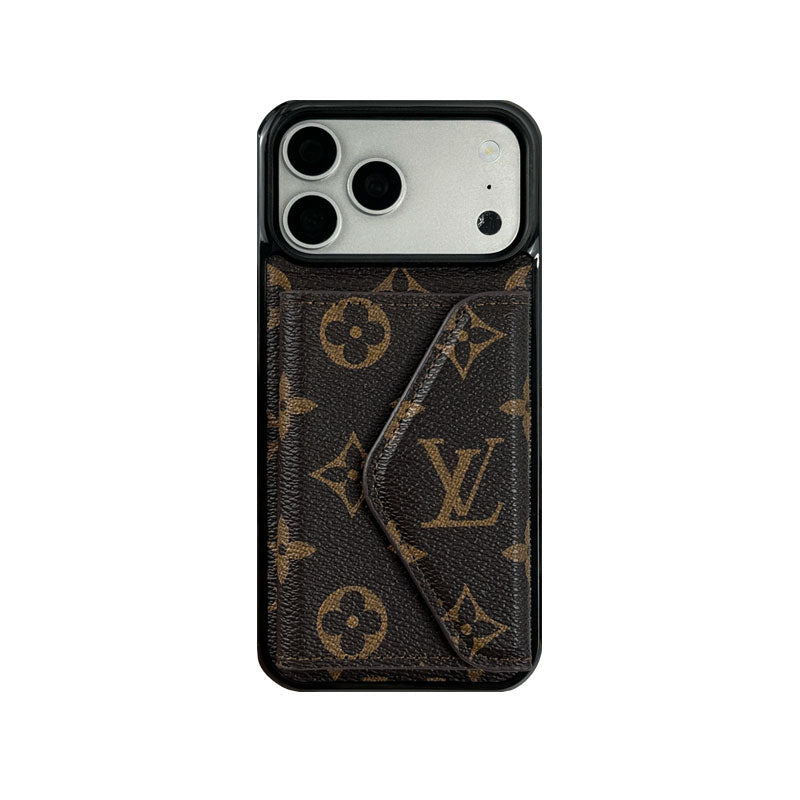 Luxury Leather Monogram iPhone Case With Card Holder Black Printing For iPhone 17 Series-RCLV083 - Runycase