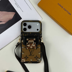 Luxury Leather  Monogram iPhone Case With Wallet And Crossbody Strap For iPhone 17 Series Black-RCLV137