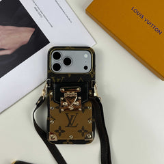 Luxury Leather  Monogram iPhone Case With Wallet And Crossbody Strap For iPhone 17 Series Black-RCLV137
