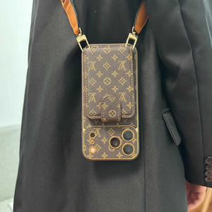 Elegant Leather Monogram iPhone Case With Wallet And Crossbody Strap For iPhone 17 Series-RCLV140