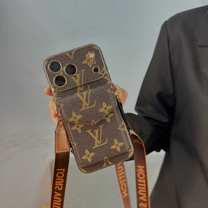 Premium Leather Monogram iPhone Case With Wallet And Crossbody Strap For iPhone 17 Series-RCLV135