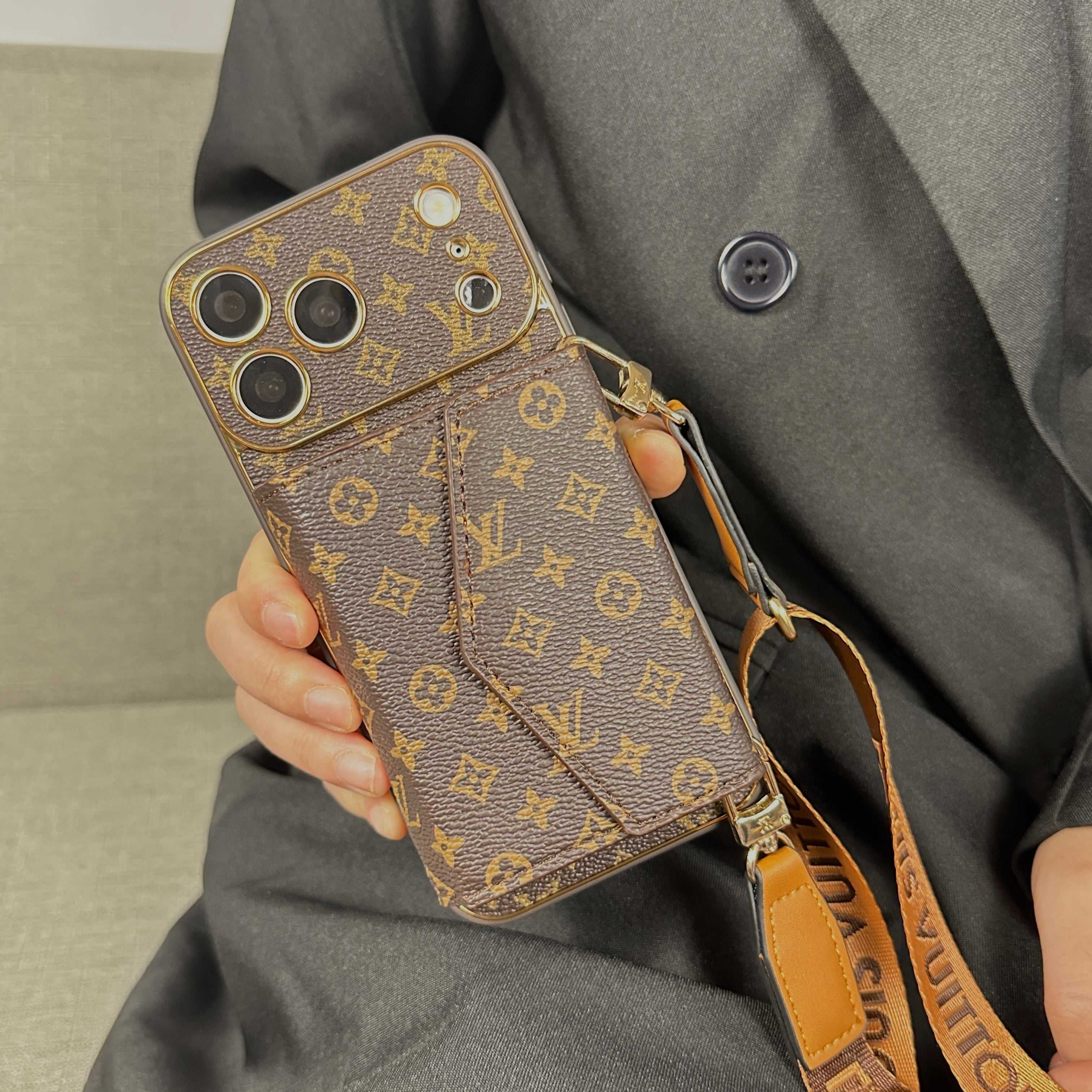 Classic Leather Monogram iPhone Case With Wallet And Crossbody Strap For iPhone 17 Series-RCLV141