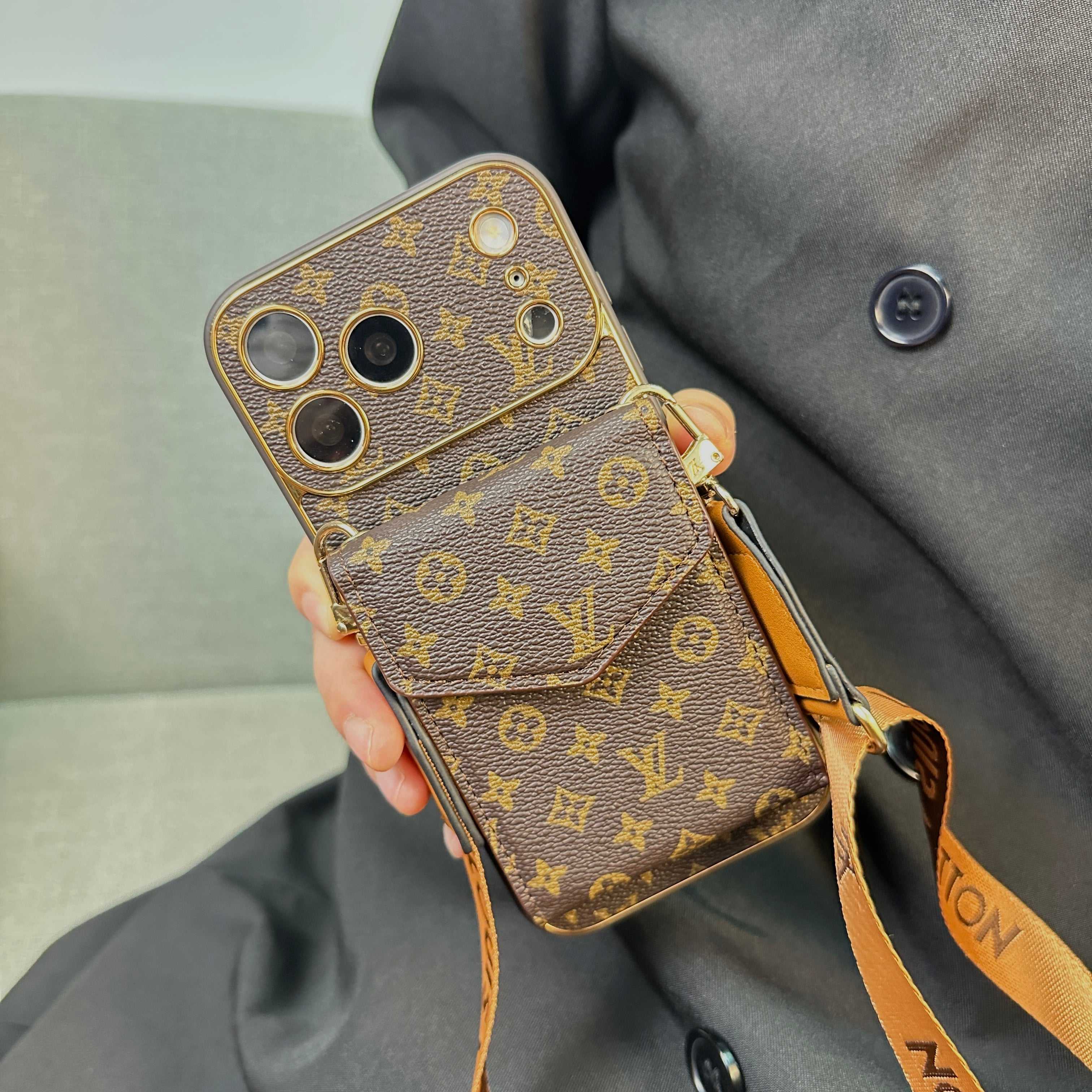 High-quality Leather Monogram iPhone Case With Wallet And Crossbody Strap For iPhone 17 Series-RCLV142