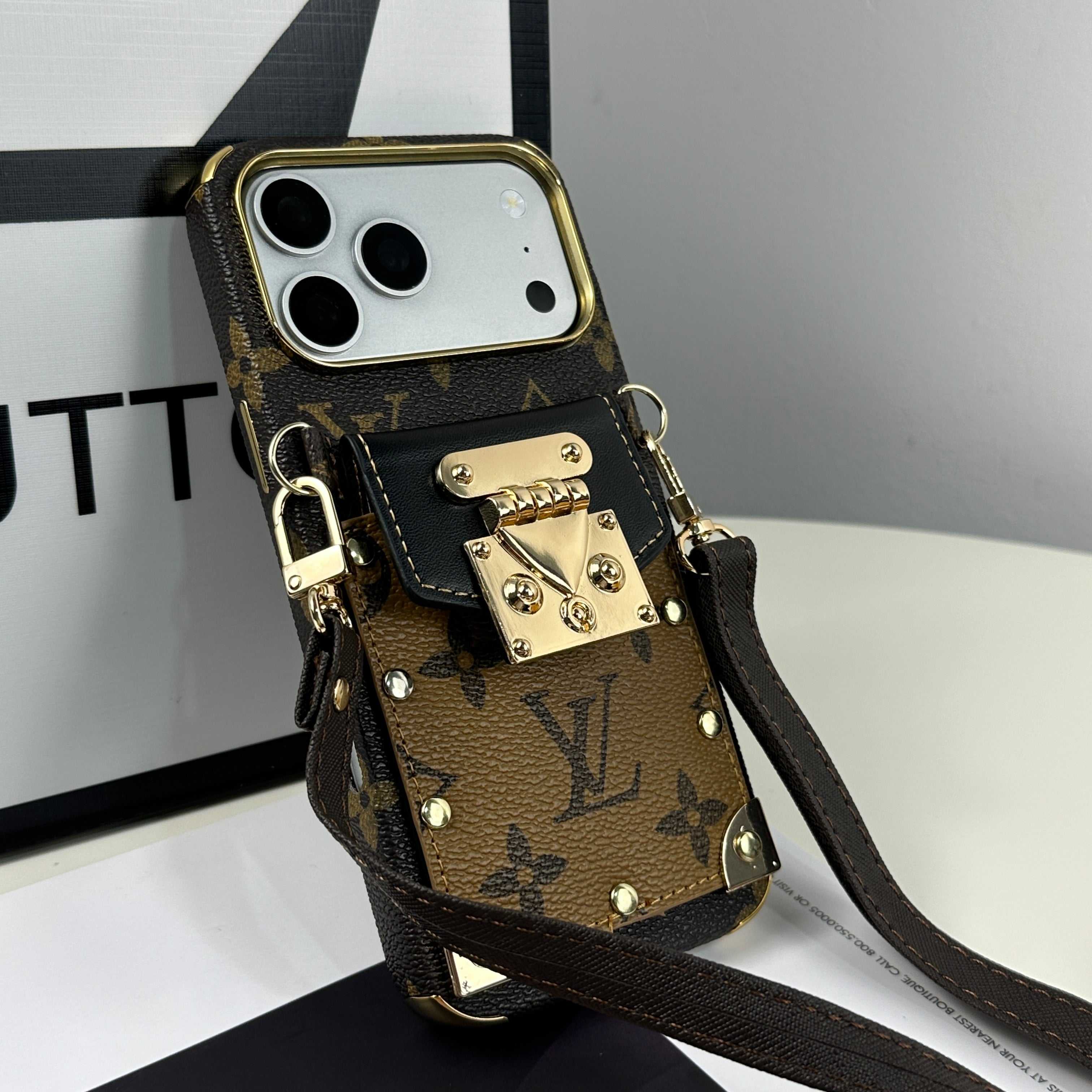 Luxury Leather  Monogram iPhone Case With Wallet And Crossbody Strap For iPhone 17 Series Black-RCLV137