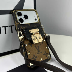 Luxury Leather  Monogram iPhone Case With Wallet And Crossbody Strap For iPhone 17 Series Black-RCLV137