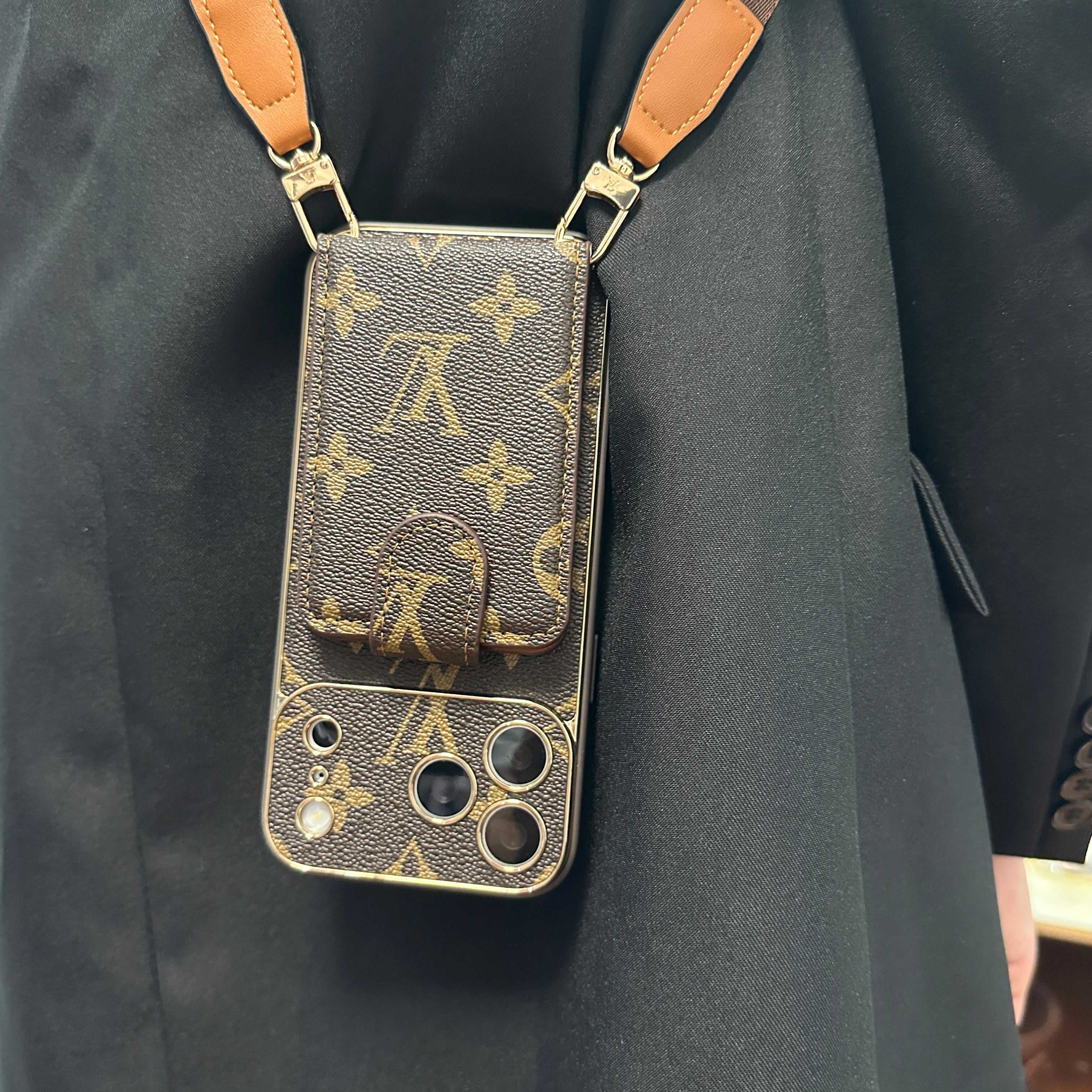 Refined Leather Monogram iPhone Case With Wallet And Crossbody Strap For iPhone 17 Series-RCLV133