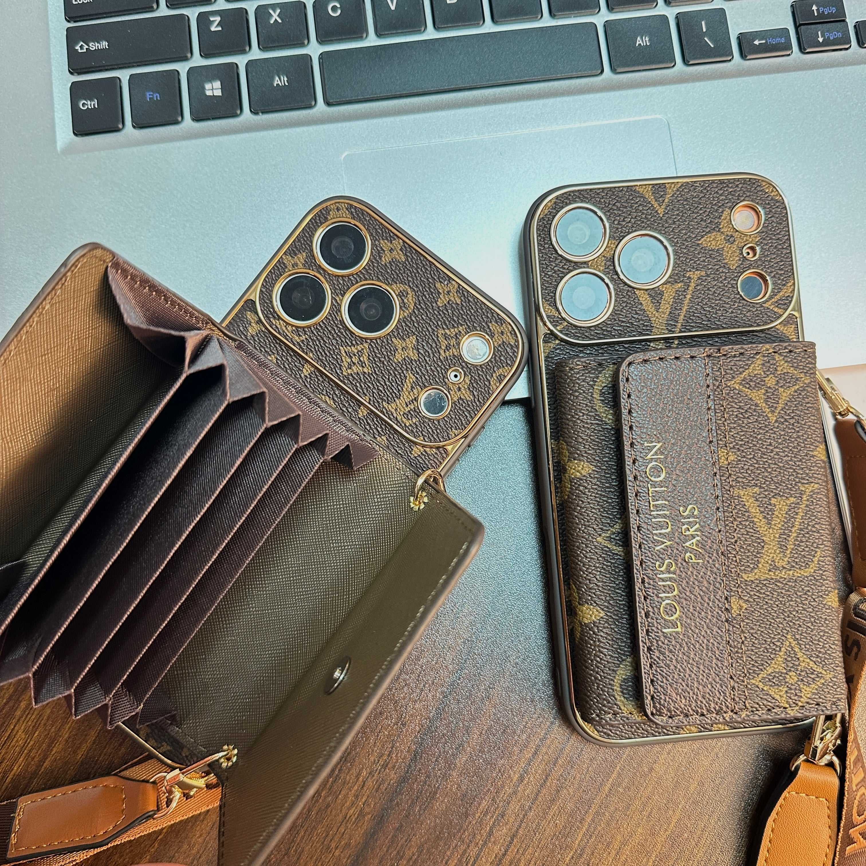 Leather Monogram iPhone Case With Wallet And Crossbody Strap For iPhone 17 Series-RCLV136