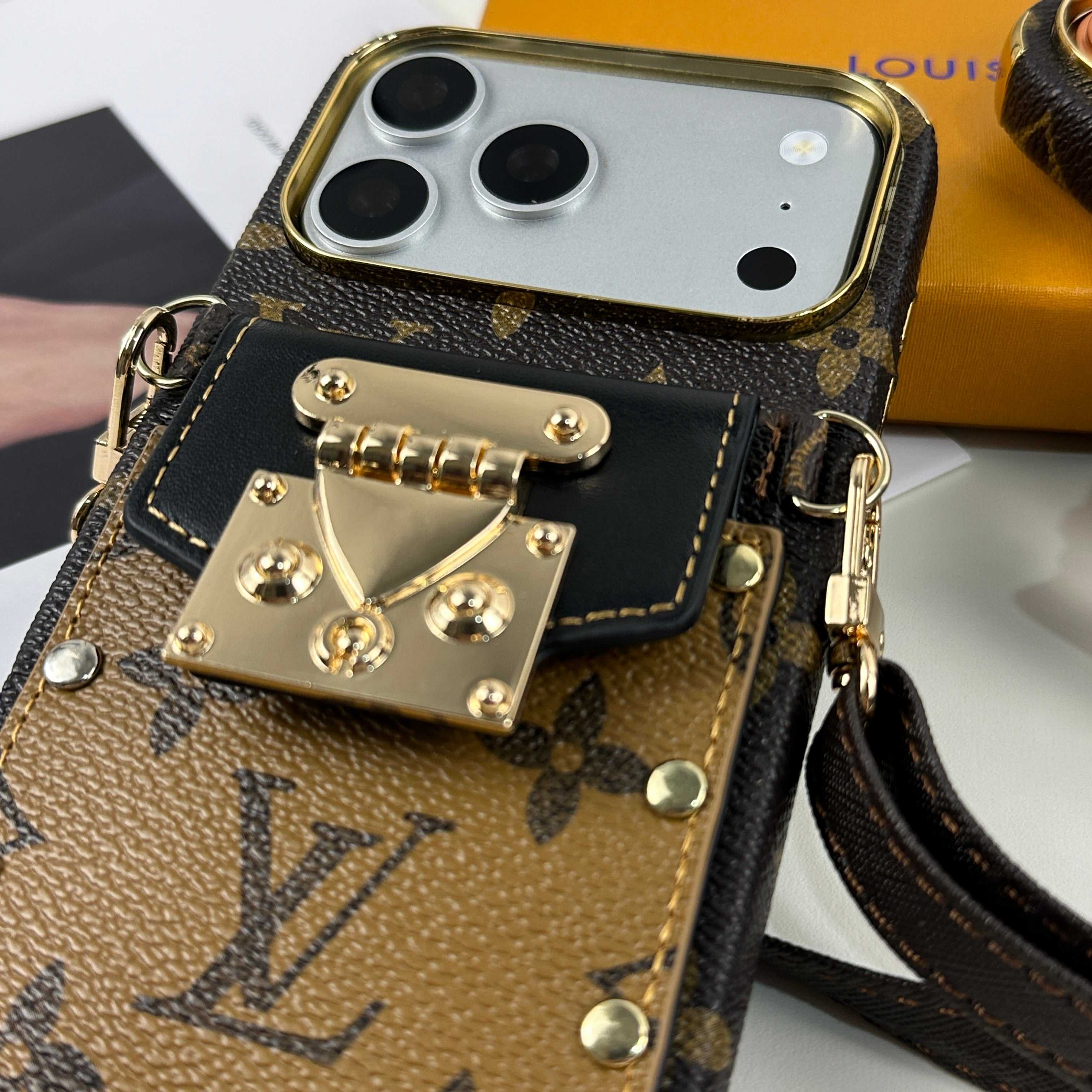 Luxury Leather  Monogram iPhone Case With Wallet And Crossbody Strap For iPhone 17 Series Black-RCLV137