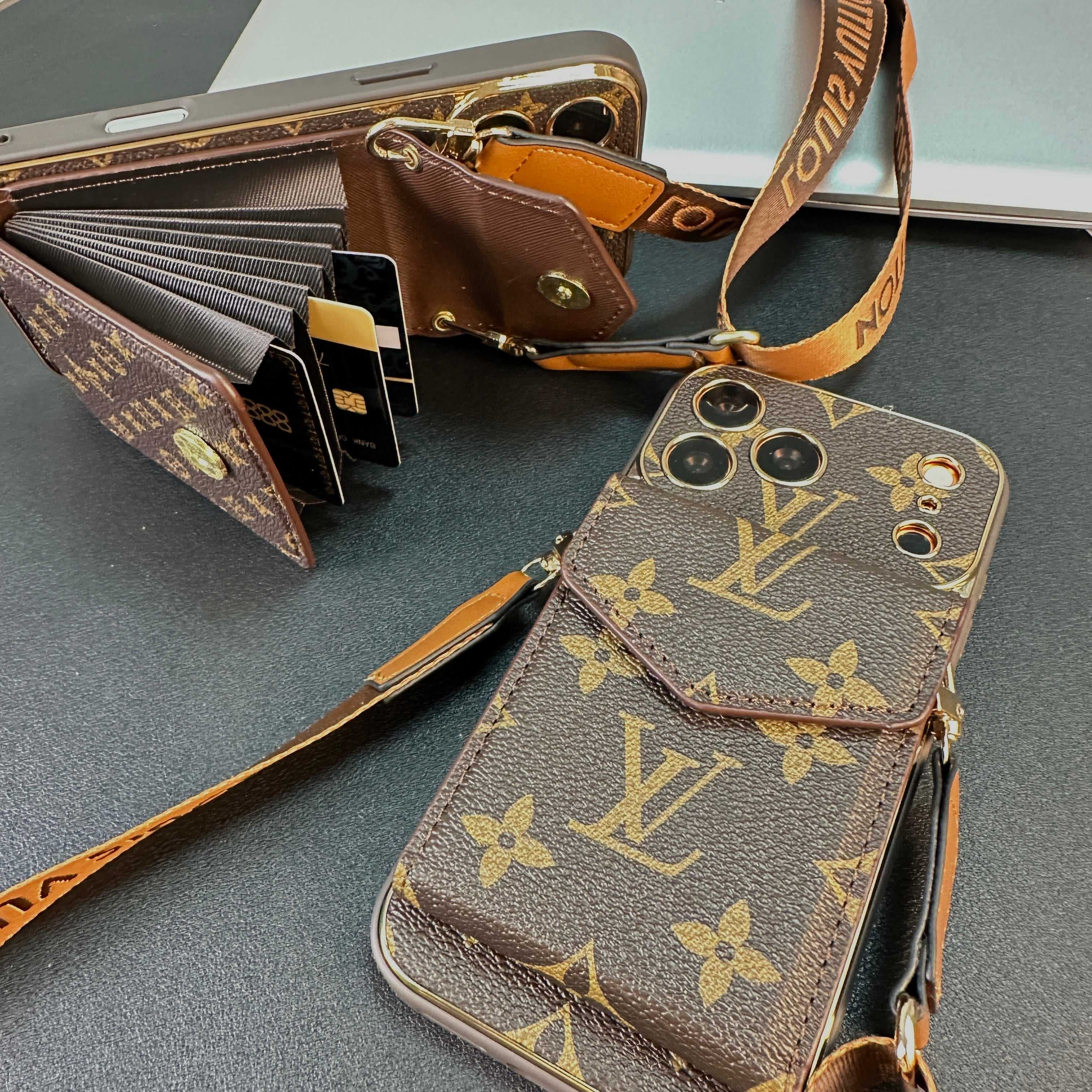 High-quality Leather Monogram iPhone Case With Wallet And Crossbody Strap For iPhone 17 Series-RCLV142