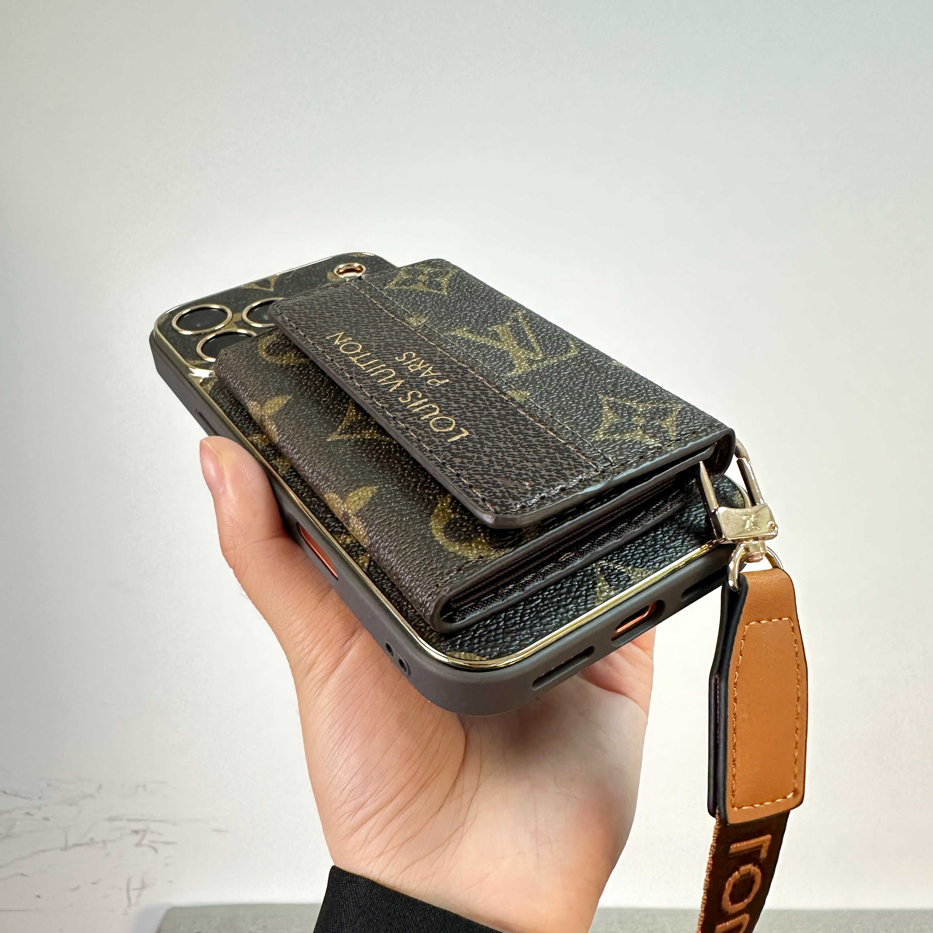 Leather Monogram iPhone Case With Wallet And Crossbody Strap For iPhone 17 Series-RCLV136