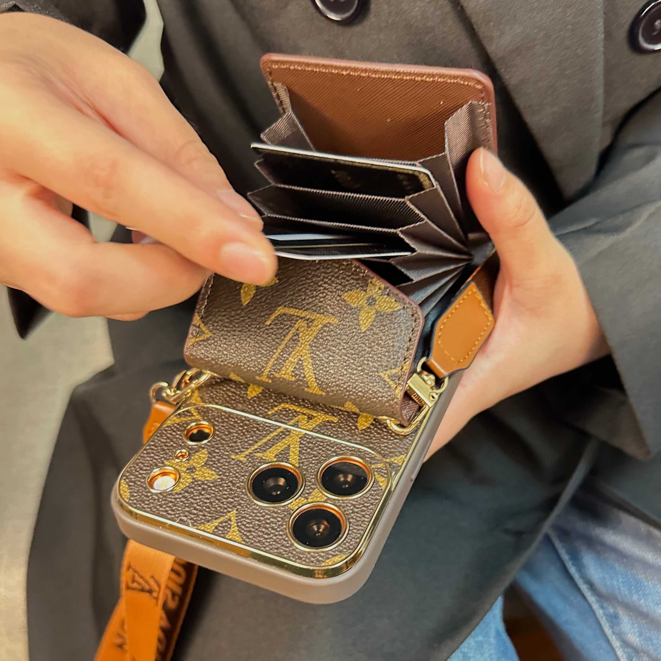 Premium Leather Monogram iPhone Case With Wallet And Crossbody Strap For iPhone 17 Series-RCLV135