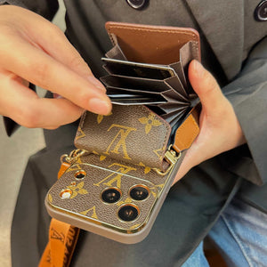 Premium Leather Monogram iPhone Case With Wallet And Crossbody Strap For iPhone 17 Series-RCLV135