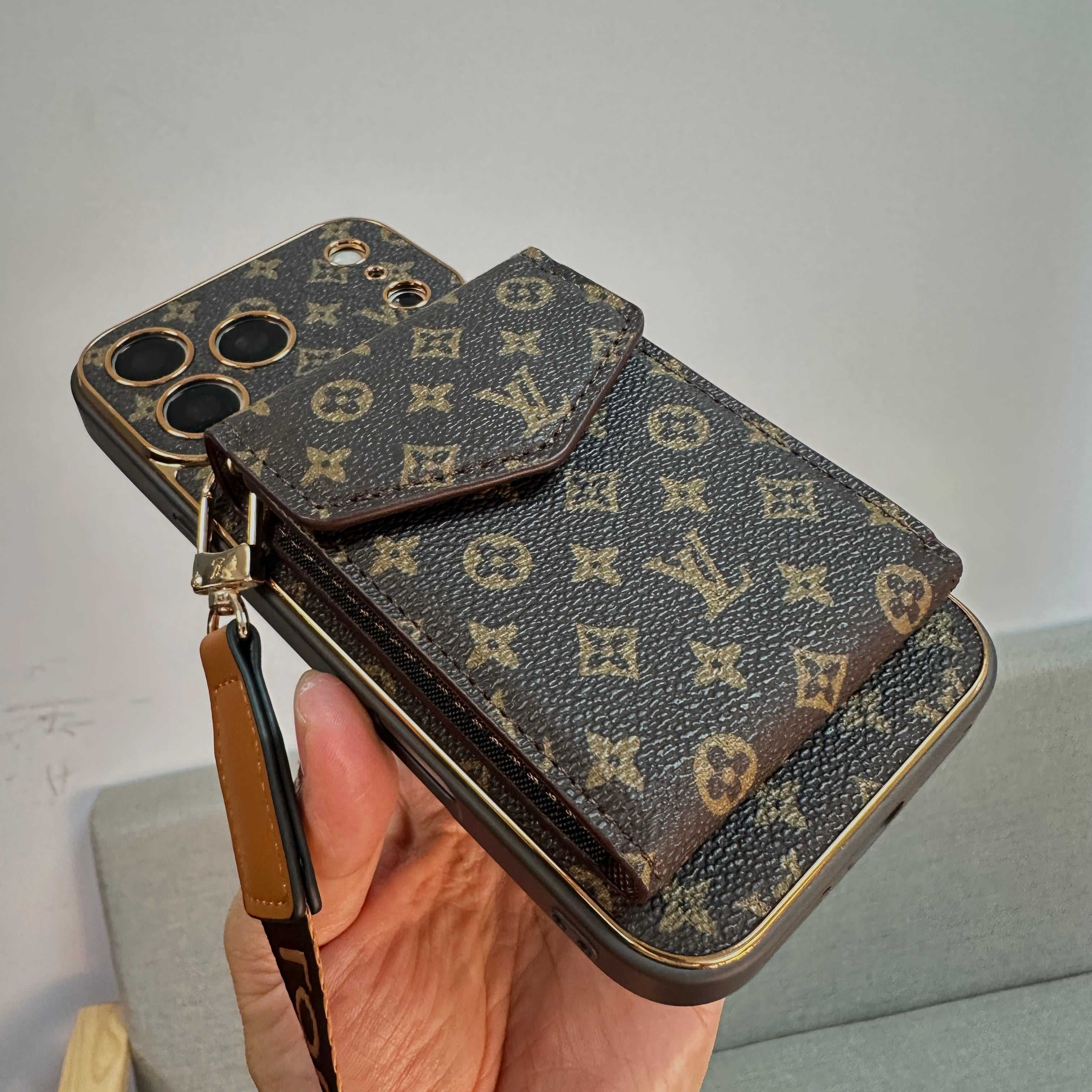 High-quality Leather Monogram iPhone Case With Wallet And Crossbody Strap For iPhone 17 Series-RCLV142
