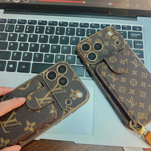 Elegant Leather Monogram iPhone Case With Wallet And Crossbody Strap For iPhone 17 Series-RCLV140