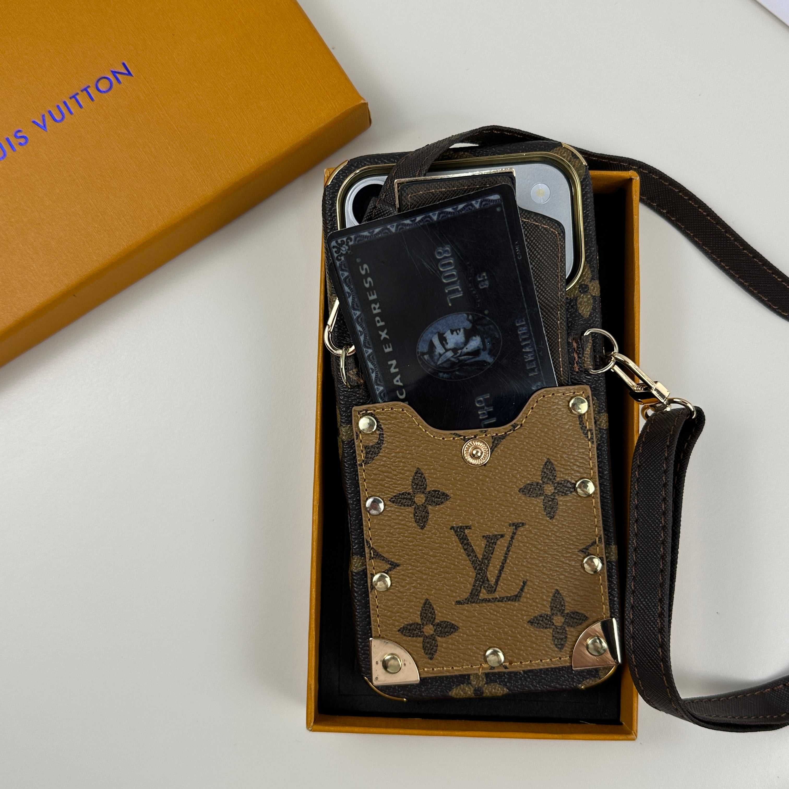 Luxury Leather  Monogram iPhone Case With Wallet And Crossbody Strap For iPhone 17 Series Black-RCLV137